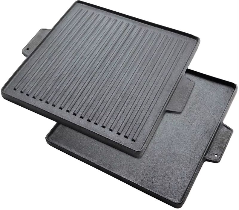 Griddle Plate Cast Iron Reversible BBQ Skillet Grill Double Sided 37.5cm