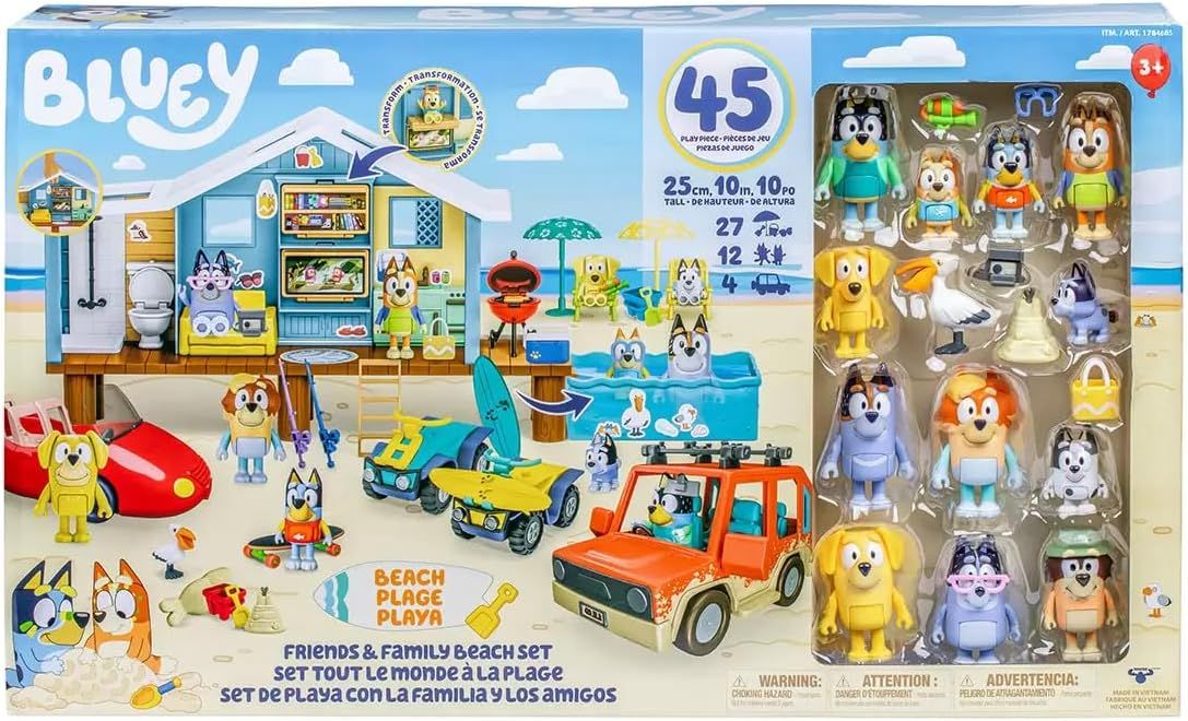 Bluey Friends &amp; Family Beach Bash Mega Set- House Playset 45 Piece Ultimate Mega Set-Large-Includes Sticker Sheet