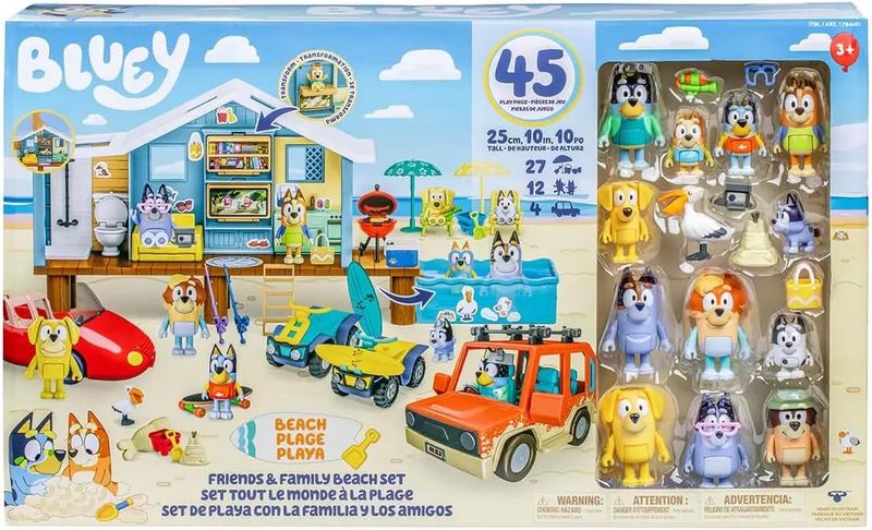 Bluey Friends &amp; Family Beach Bash Mega Set- House Playset 45 Piece Ultimate Mega Set-Large-Includes Sticker Sheet