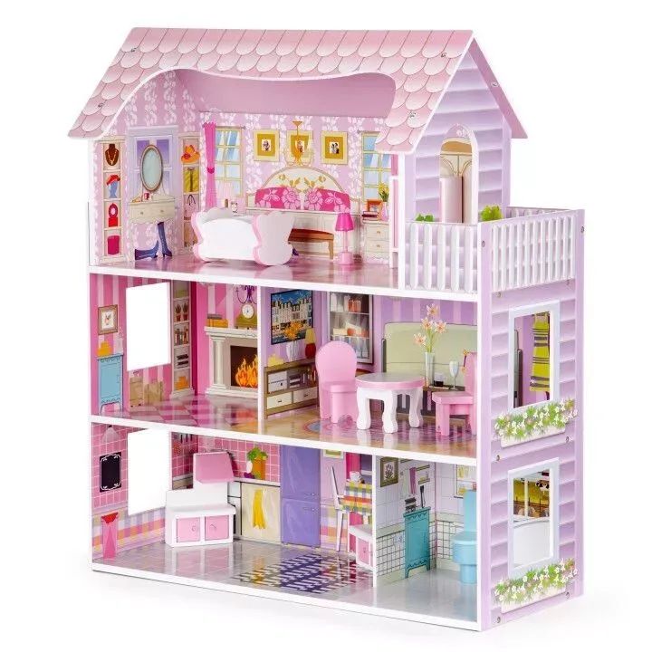 Suprills Wooden Pretend Play Dollhouse Wooden Dolls House with 11pcs Furniture