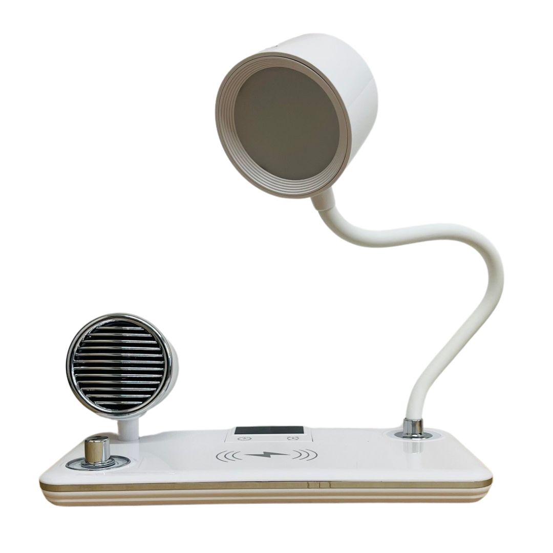 Suprills 4 in 1 Wireless Mobile Phone Charger LED Desk Lamp with Bluetooth Speaker and Dimmable Eye-Caring LED Light