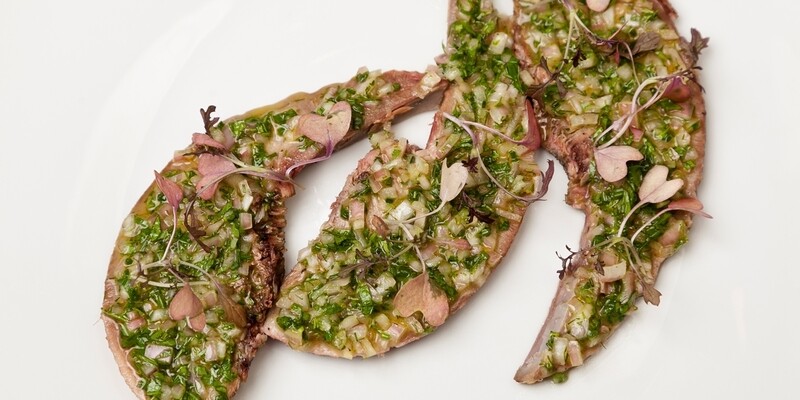 味噌漬け豚タンとケーパーズのサルサベルデ  Miso Cured Pork Tongue with Capers Sauce Vert