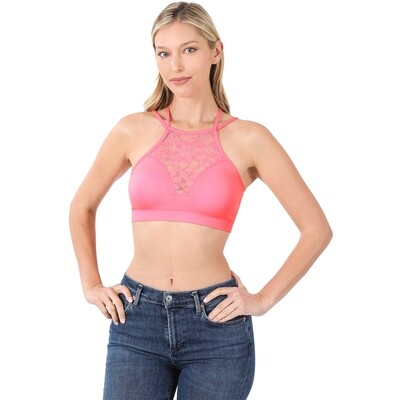 HIGH NECK LACE CUTOUT BRALETTE WITH BRA PADS-Hot Pink (1)