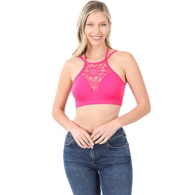 HIGH NECK LACE CUTOUT BRALETTE WITH BRA PADS-Hot Pink