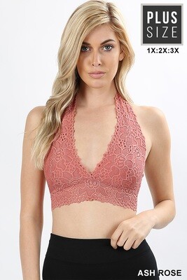 PLUS LACE HALTER STRETCH BRALETTE WITH LINING-ASH ROSE
