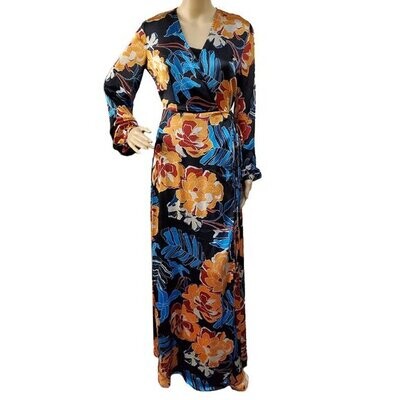 Aakaa Long Sleeve Tropical Print Wrap Dress BLK
