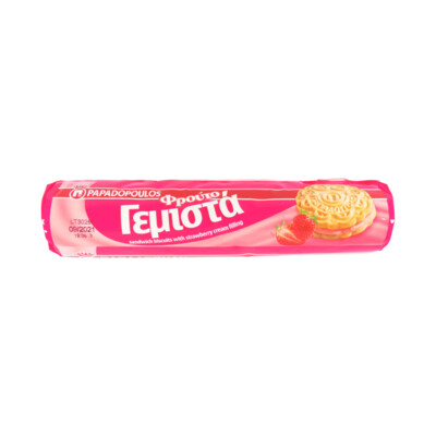PAPADOPOULOS Γεμιστά Doppelkekse mit Erdbeer-Creme-Füllung PAPADOPOULOS Γεμιστά Doppelkekse mit Erdbeer-Creme-Füllung