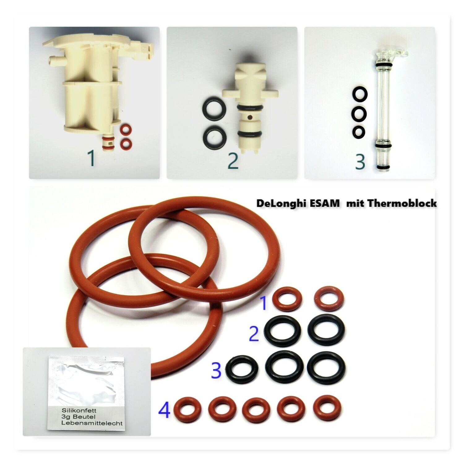 Delonghi AEG Dichtung SET +Fett 3g Dichtungssatz O-Ring Brühkolben mit Thermoblock ESAM