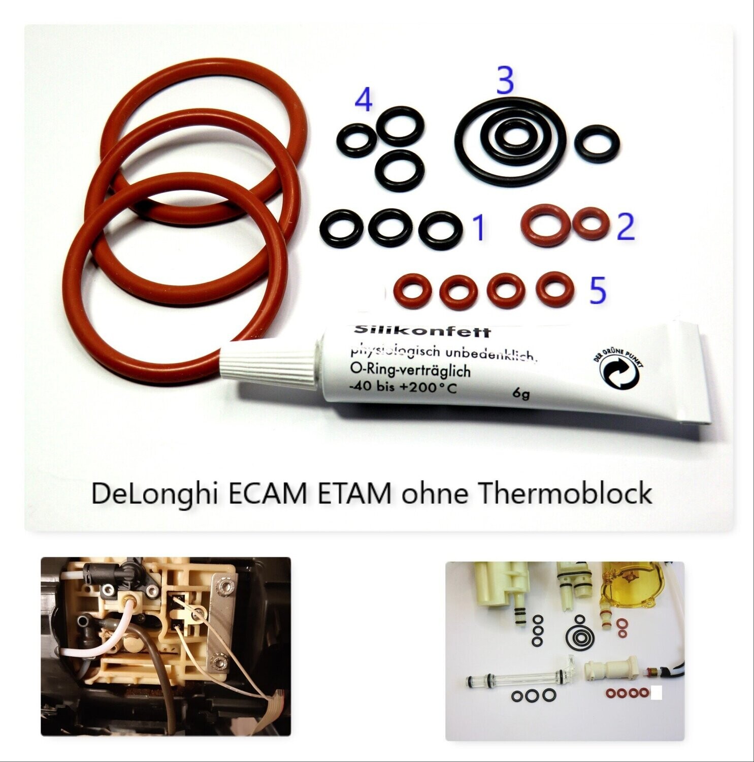 Delonghi ECAM ETAM AEG O-Ring SET Dichtungssatz Fett 6g für Brühkolben Brühgruppe . Kolben ohne Thermoblock Delonghi ECAM ETAM AEG O-Ring SET Dichtungssatz Fett 6g für Brühkolben Brühgruppe . Kolben ohne Thermoblock