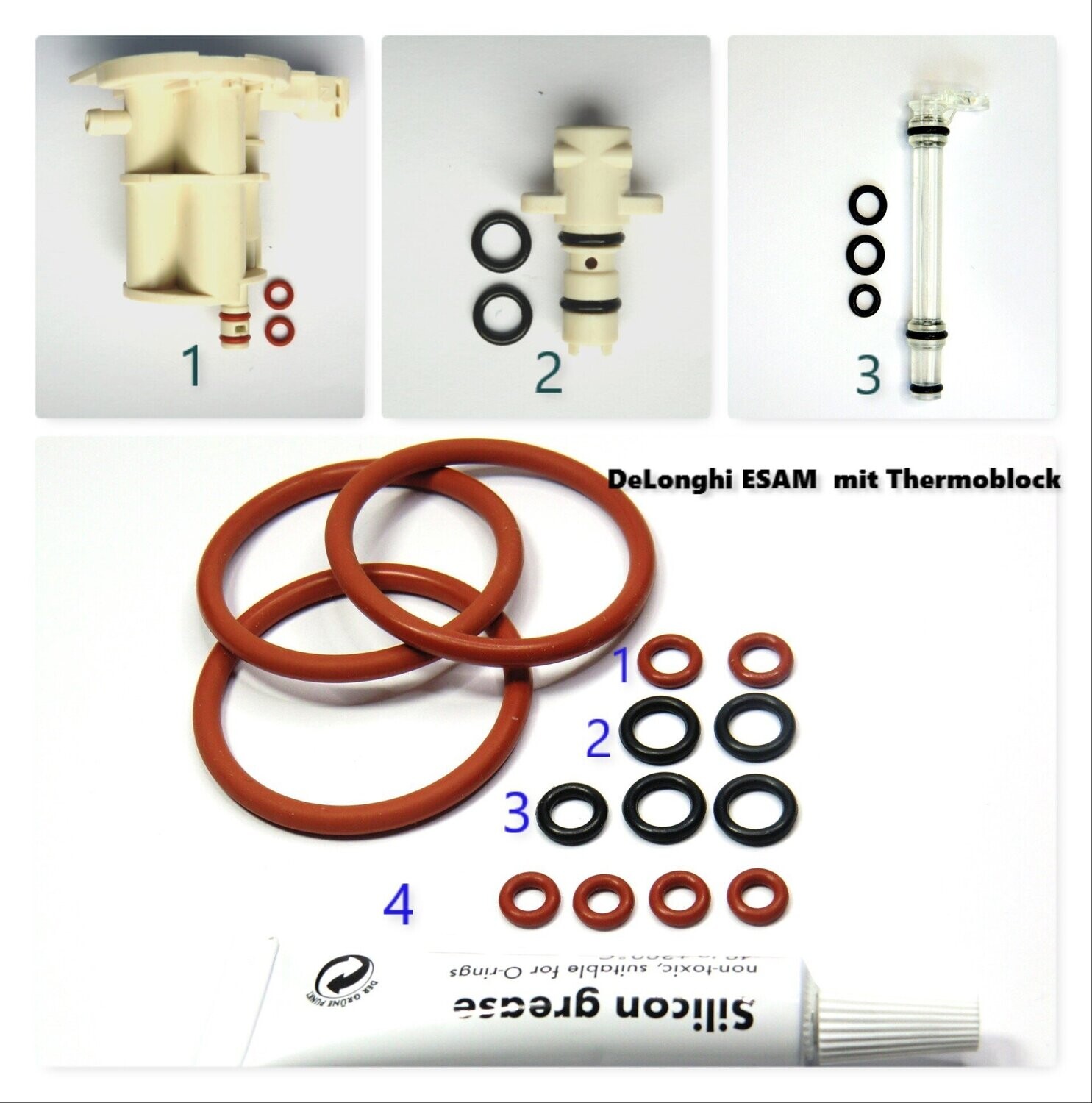 Delonghi ESAM AEG O-Ring SET Dichtungssatz Fett 6g Brühgruppe .Brühkolben mit Thermoblock Delonghi ESAM AEG O-Ring SET Dichtungssatz Fett 6g Brühgruppe .Brühkolben mit Thermoblock