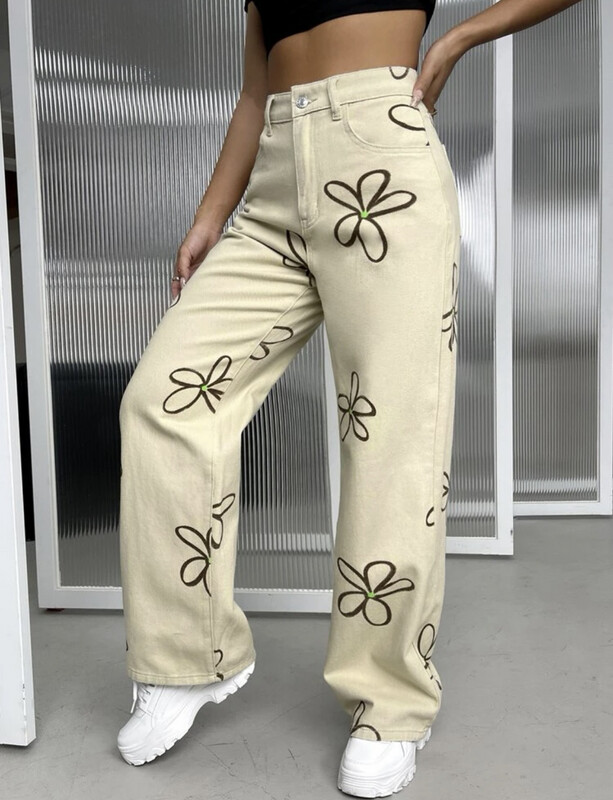 Cream Flower Print Wide Leg Jeans