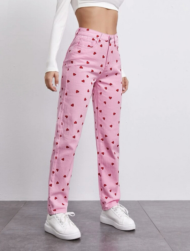 Heart Print Straight Leg Jeans