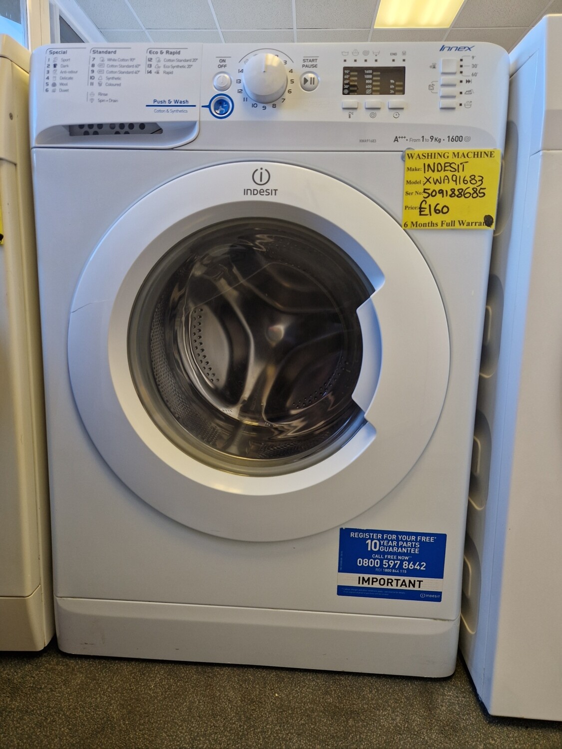 INDESIT WASHING MACHINE 9KG A+++ RATED1600 SPIN SPEED XWA91683