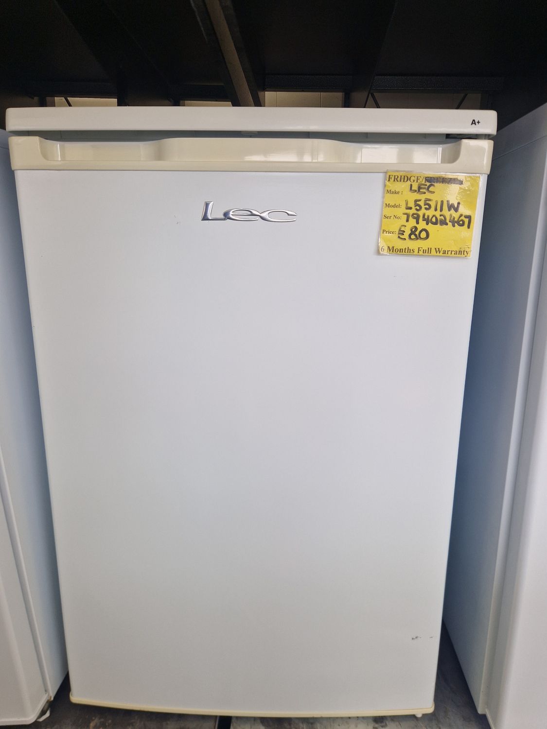 LEC UNDER COUNTER LARDER FRIDGE A+ RATED MODEL L5511W  85 CM TALL, 55CM WIDE