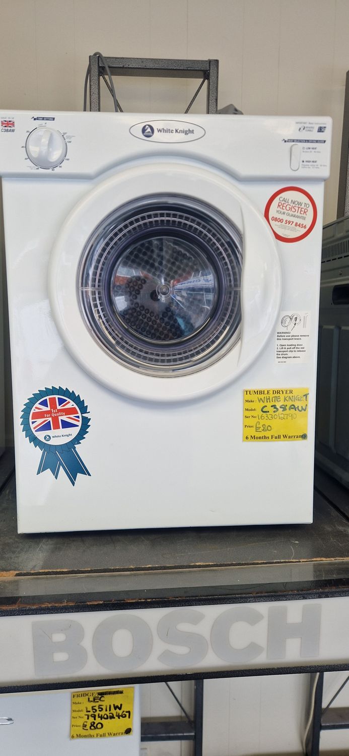 WHITE KNIGHT  SMALL DESKTOP VENTED TUMBLE DRYER DUEL HEAT 3.5Kg 6 MONTHS WARRANTY MODEL C38AW