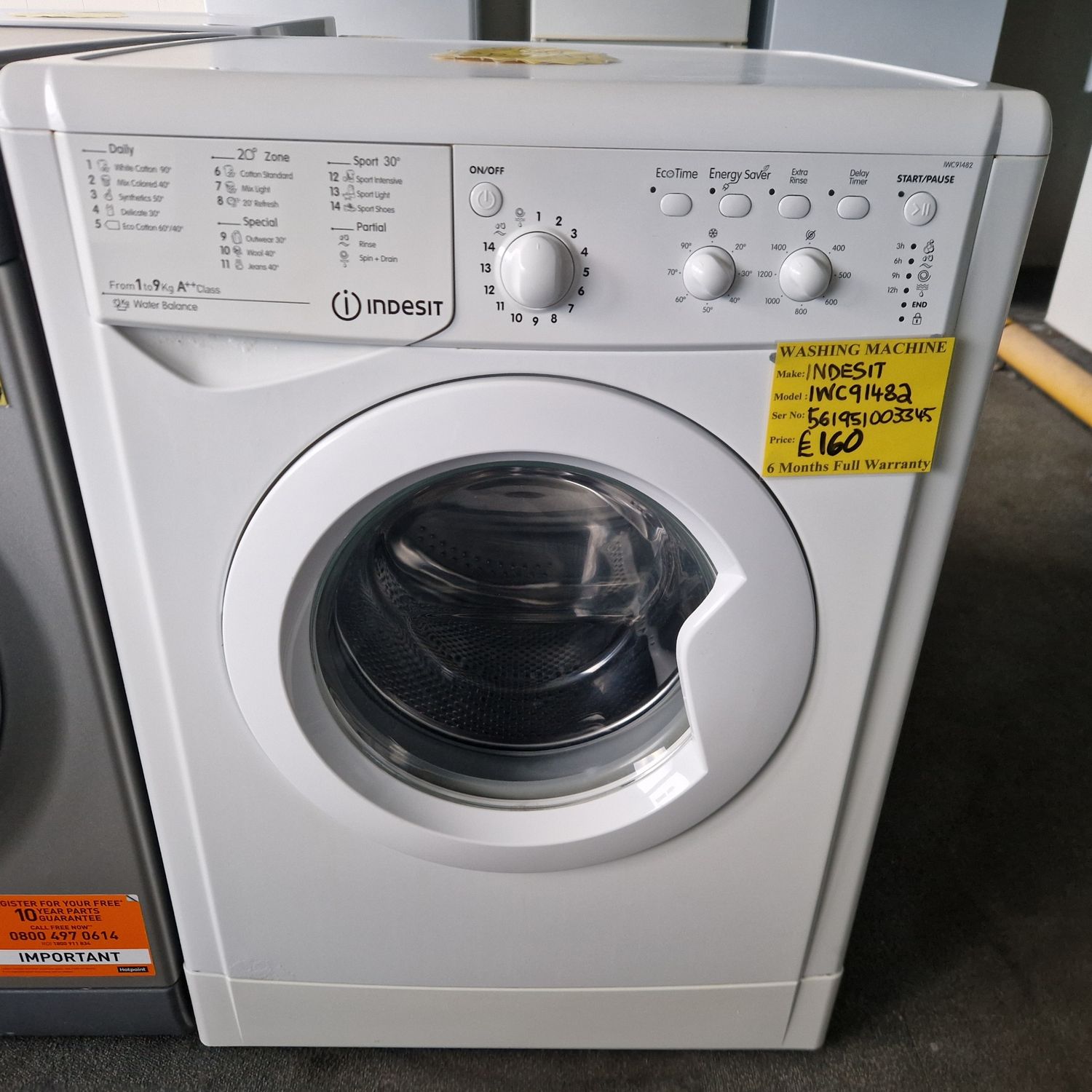 INDESIT WASHING MACHINE A++ CLASS  RATED 9KG IWC91482