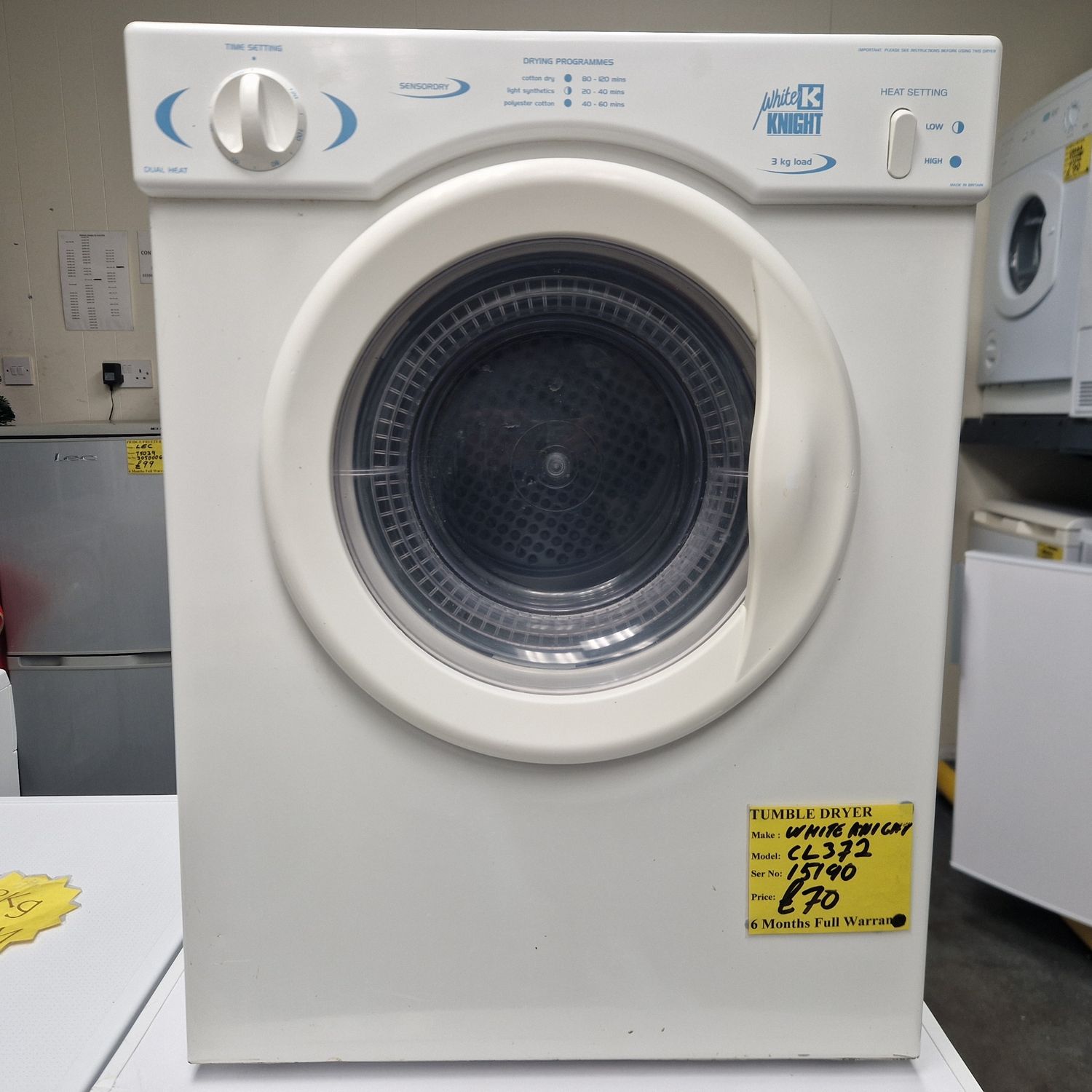 WHITE KNIGHT SENSORDRY VENTED TUMBLE DRYER DUEL HEAT 3Kg 6 MONTHS WARRANTY MODEL CL372W