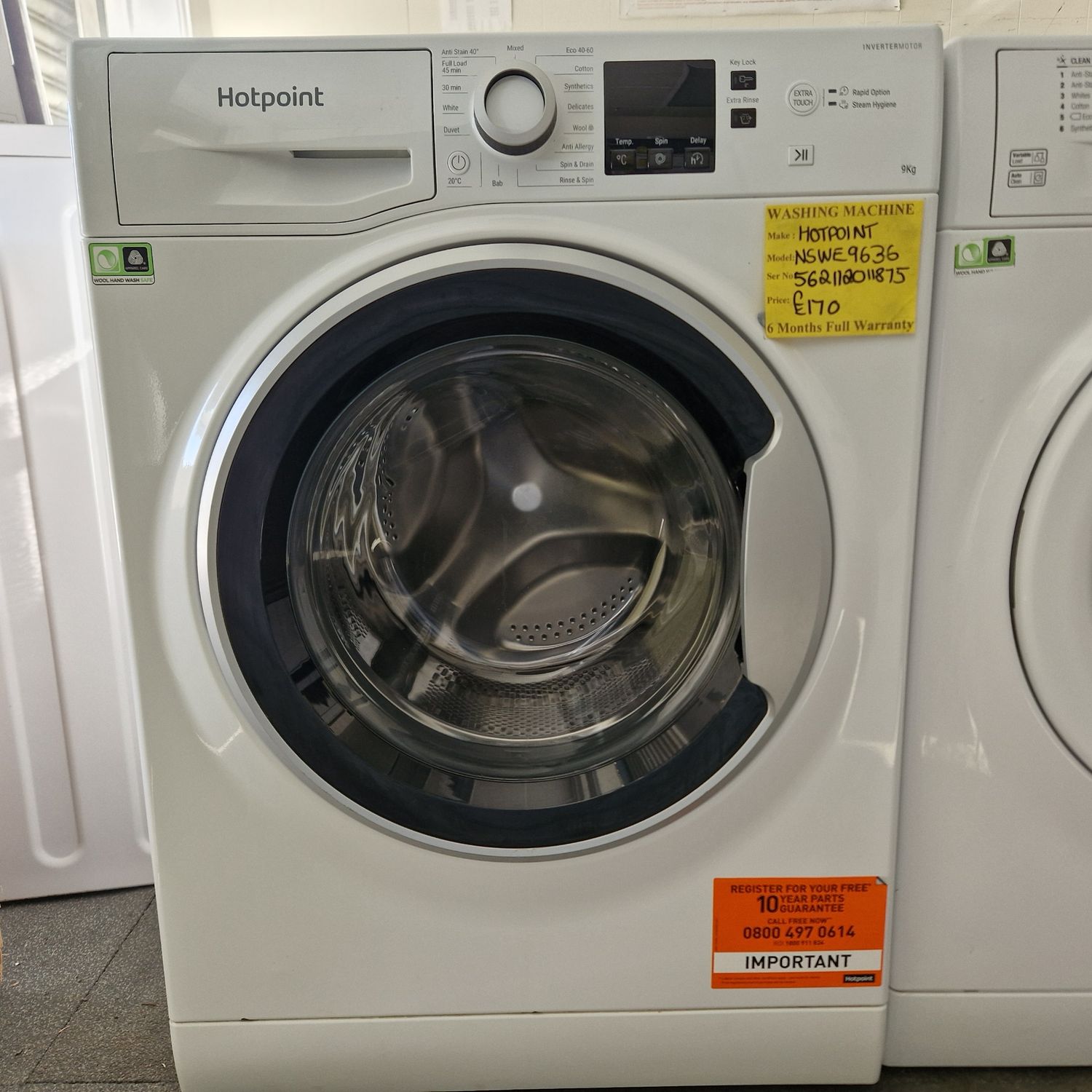 HOTPOINT 9KG 1600 SPIN SPEED, INVERTER MOTOR MODEL NSWE9636