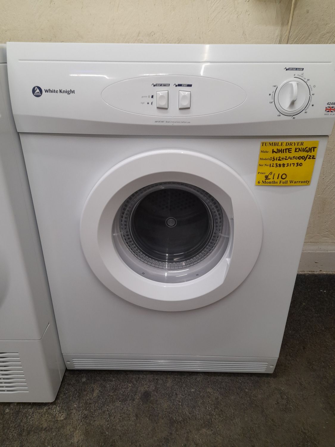 WHITE KNIGHT VENTED TUMBLE DRYER 6Kg LOAD MODEL 42AW