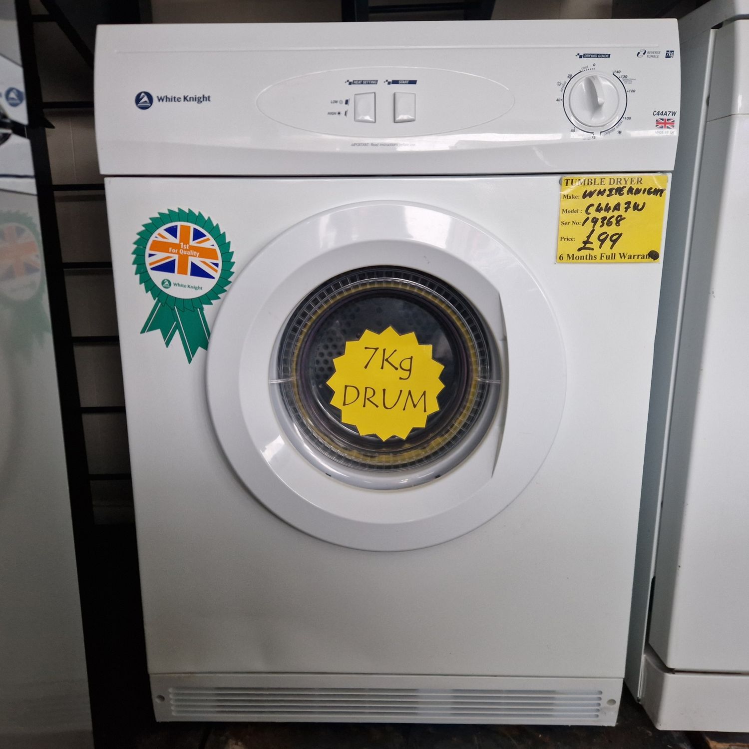 WHITE KNIGHT  CONDENSER TUMBLE DRYER 7Kg 6 MONTHS WARRANTY MODEL C44A7W