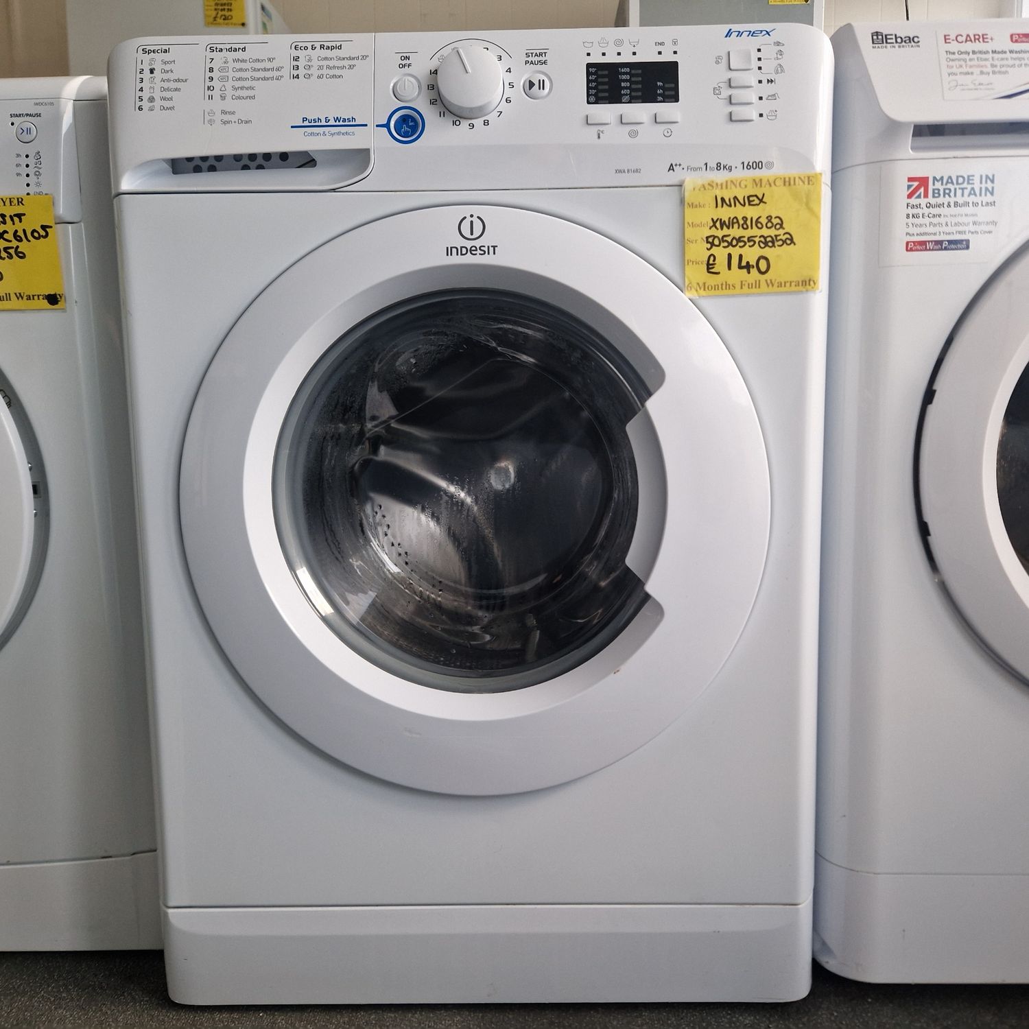 INDESIT WASHING MACHINE 8KG A++ RATED1600 SPIN SPEED XWA81682
