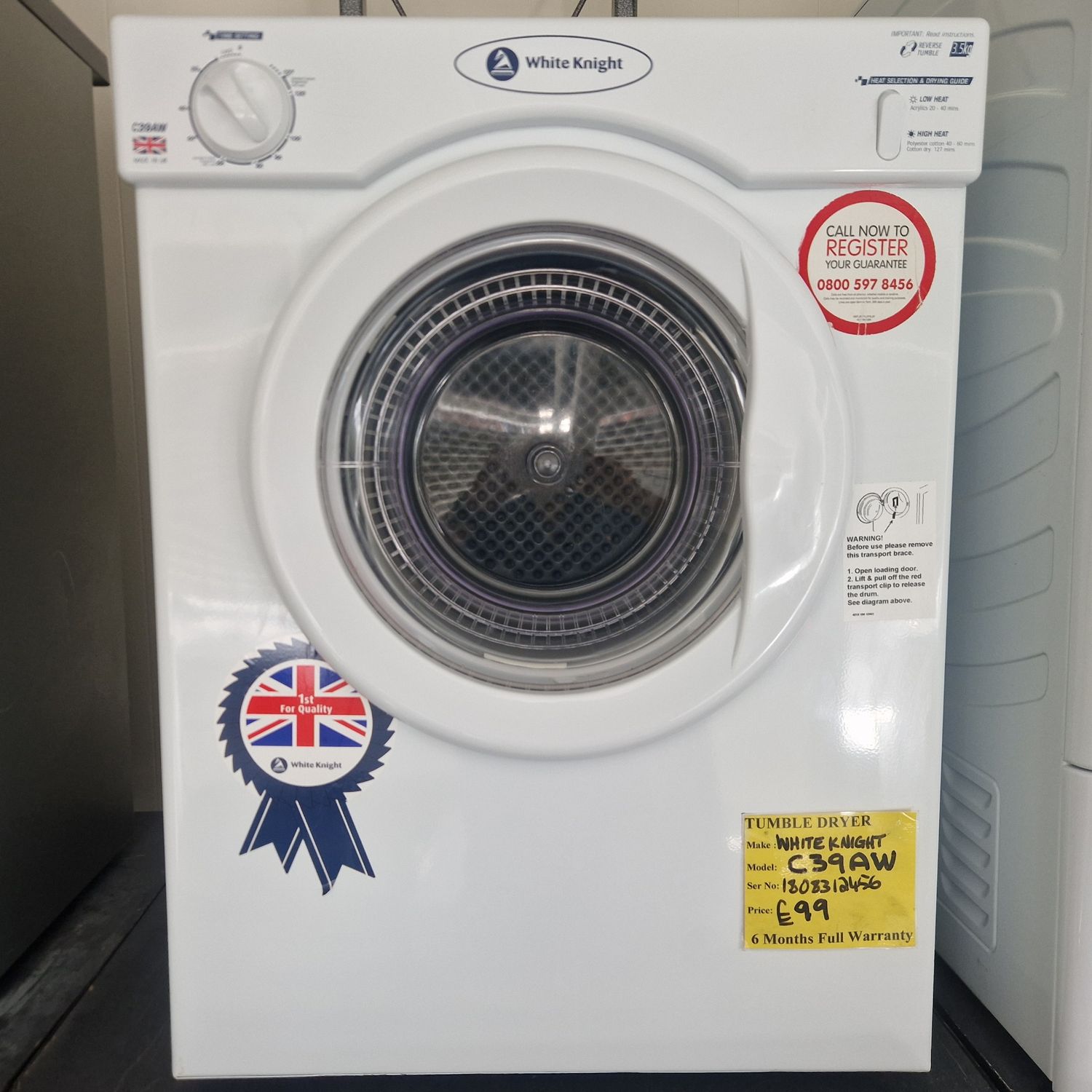 WHITE KNIGHT  SMALL DESKTOP VENTED TUMBLE DRYER DUEL HEAT 3.5Kg 6 MONTHS WARRANTY MODEL C39AW