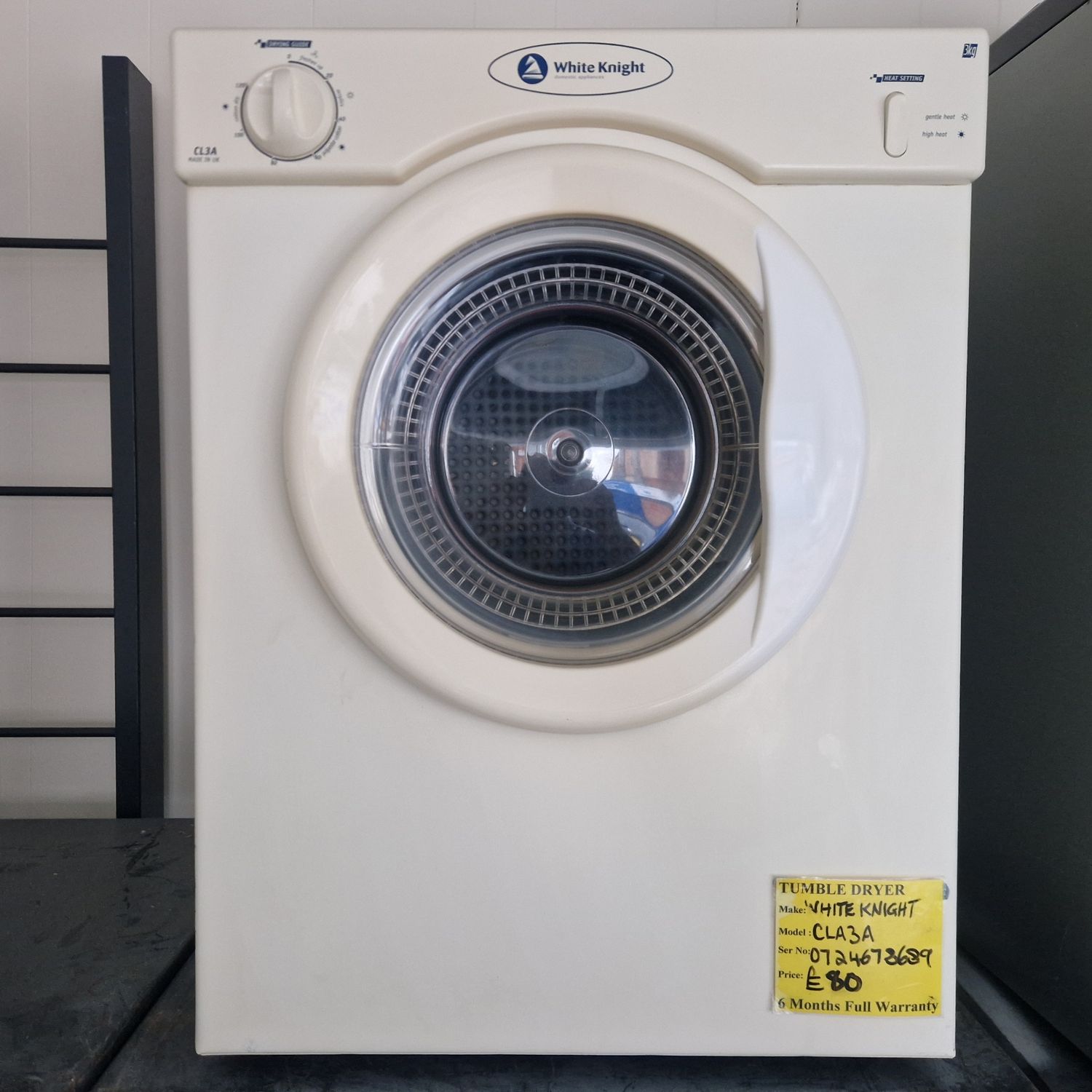 WHITE KNIGHT  SMALL DESKTOP VENTED TUMBLE DRYER DUEL HEAT 3Kg 6 MONTHS WARRANTY MODEL CL34A