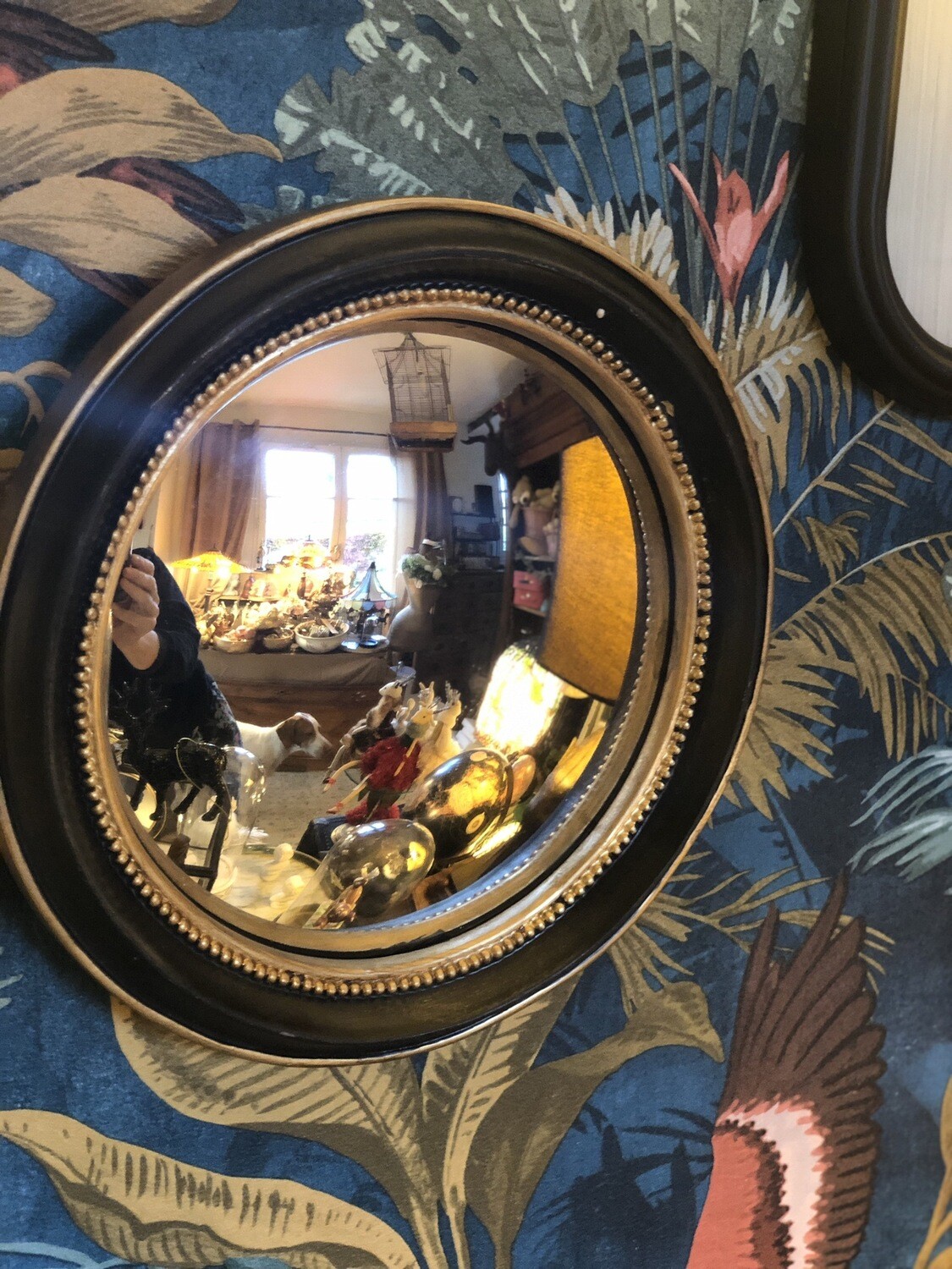Miroir de sorcières convexes bords or antique 19 cm