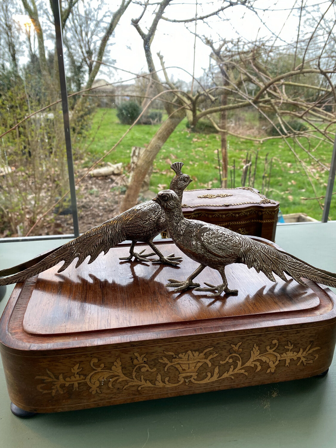 Couple de faisans en bronze argenté 25 cm