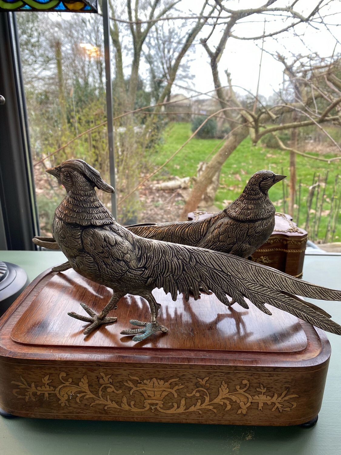 Couple de faisans en bronze argenté +30 cm