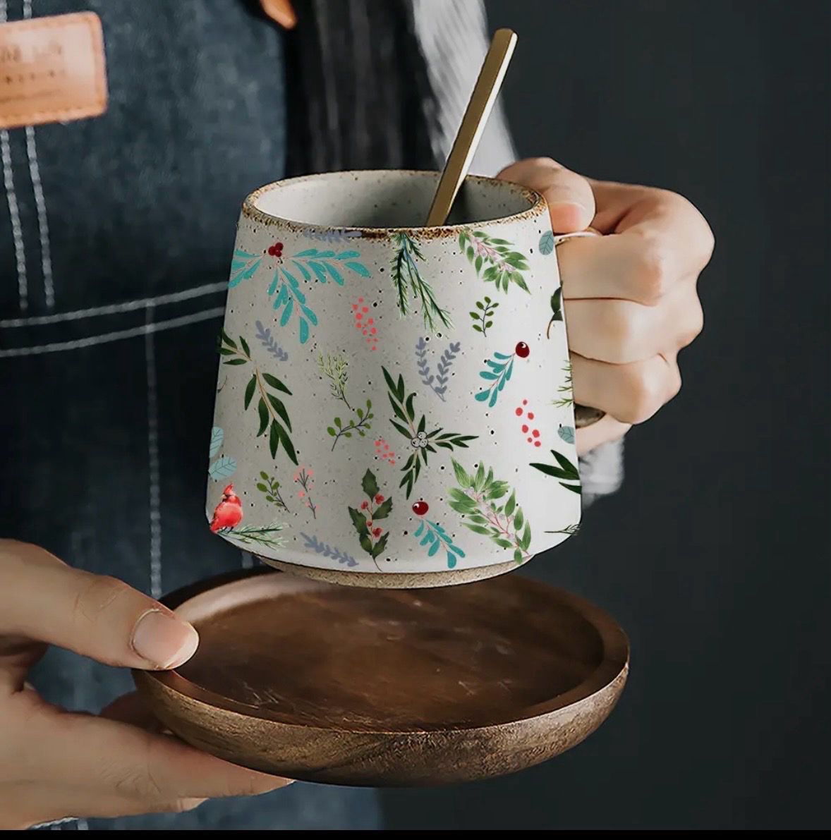Mug en grès et soucoupe en bois 350 ml