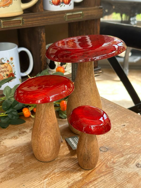 Trio de champignons en bois laqué 