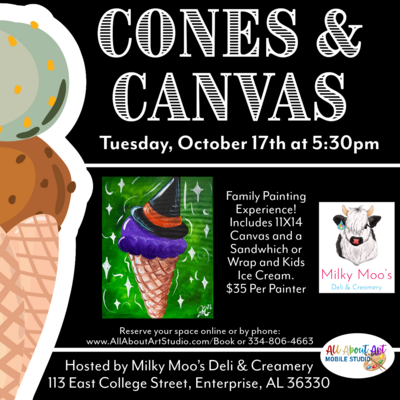 Tuesday, October 17th at 5:30pm "Cones and Canvas" at Milky Moos Deli and Creamery