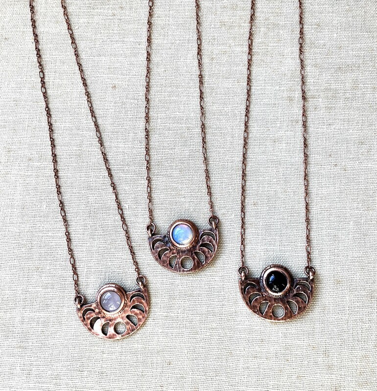 Moon Phase Necklace, Copper and Stone