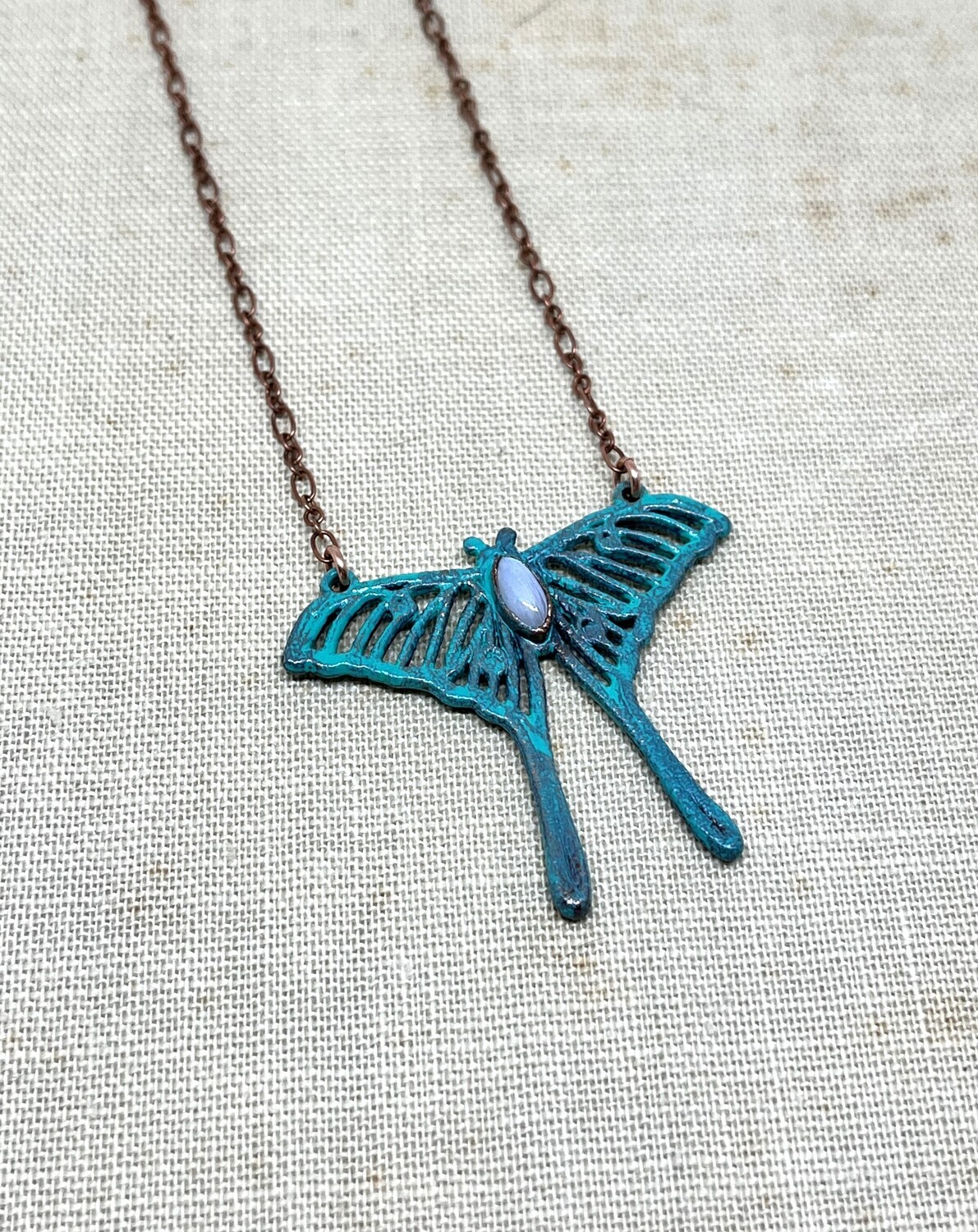 Luna Moth Necklace, Copper and Moonstone