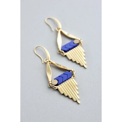 Blue Glass &amp; Brass Hoop Earrings