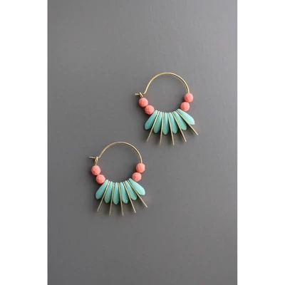 Turquoise and Coral Glass Hoops