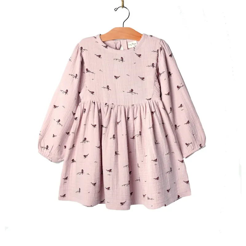 Puff Sleeve Dress, Lavender Birds