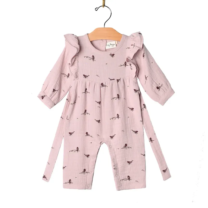 Flutter Sleeve Romper, Lavender Birds