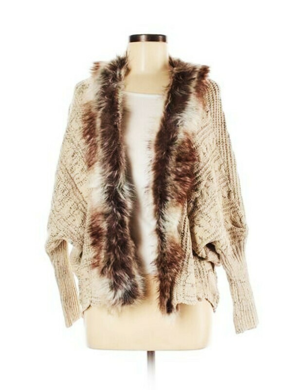 Womens Batwing Sleeve Loose Fur Collar Sweater Knit Cardigan Outwear Jacket Coat