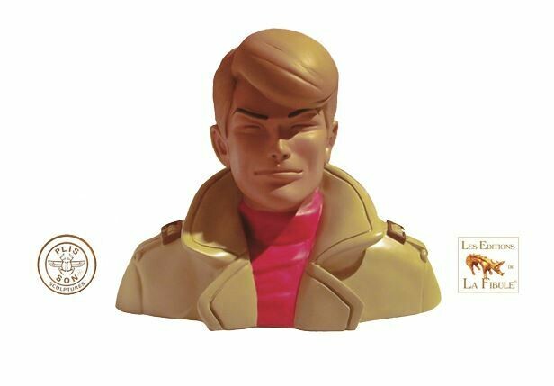 Le buste Ric Hochet en résine et couleurs. Dessin : Tibet. Scénario : A.P. Duchâteau. Sculpture, moulage : F.Plisson.