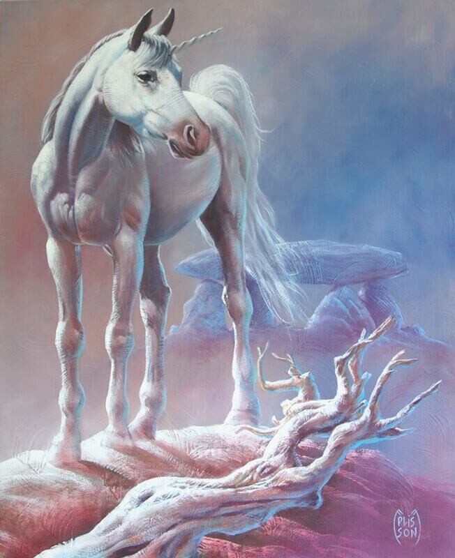 La licorne au dolmen - Huile sur toile de lin sur châssis bois - 100 cm x 89 cm