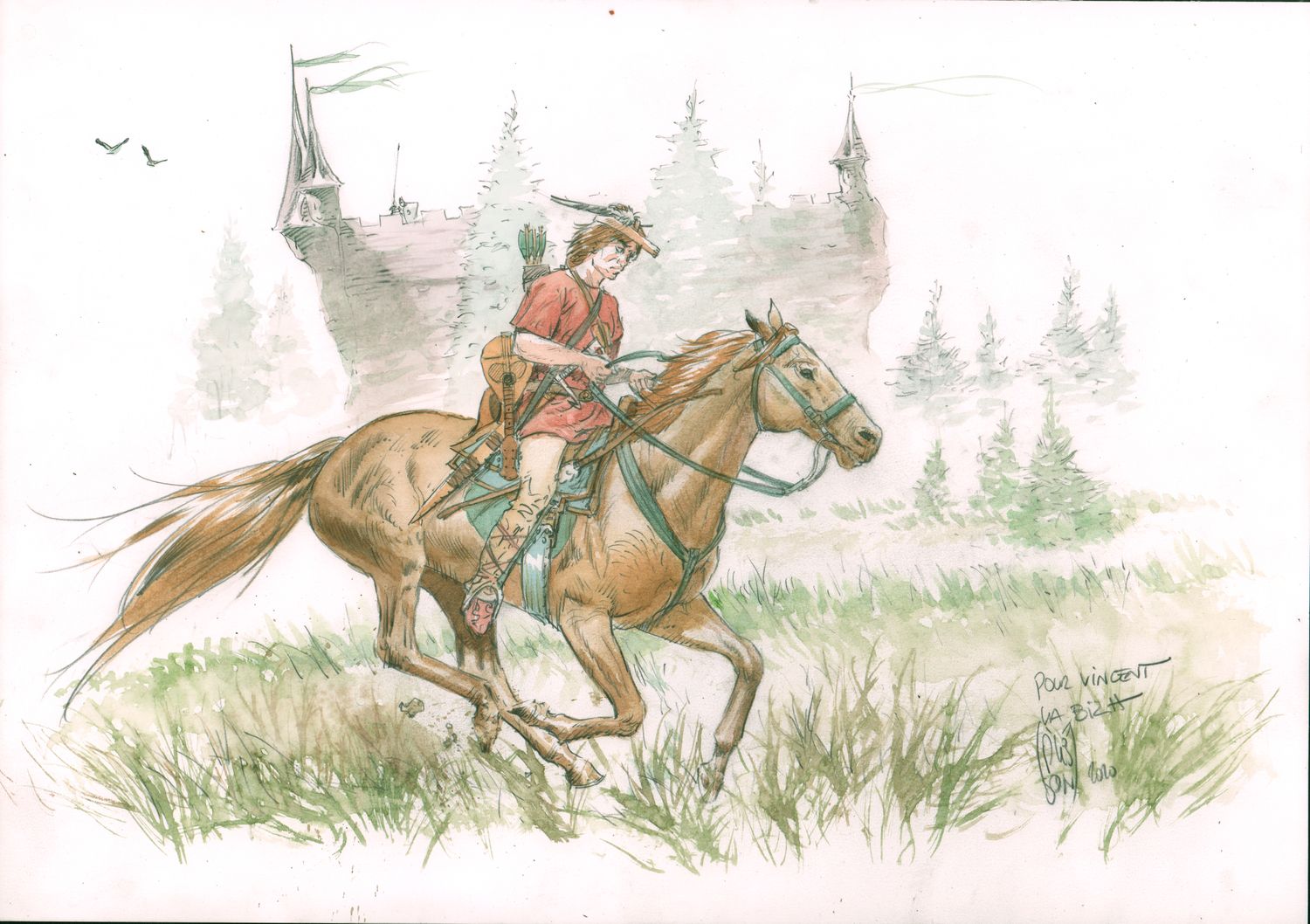 Niveau de détail 1, exemple d&#39;illustration en couleur, format A3, sur papier 250gr. Avec un ou deux personnages en pieds, dans leur décors de votre choix.