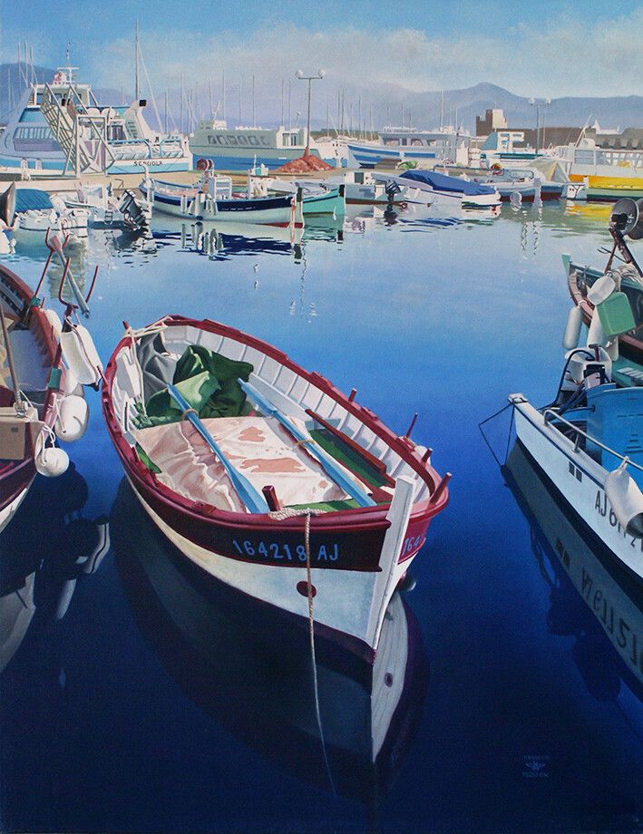 Port d&#39;Ajaccio - Illustration originale - Peinture à l&#39;huile - Toile de lin sur châssis - 2004 - 81 x 116 cm