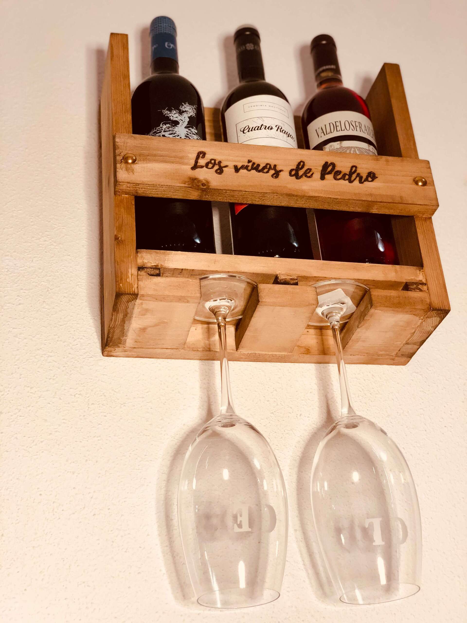 Botellero artesanal 3 botellas + 2 copas