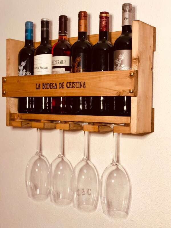 Botellero artesanal 6 botellas + 4 copas