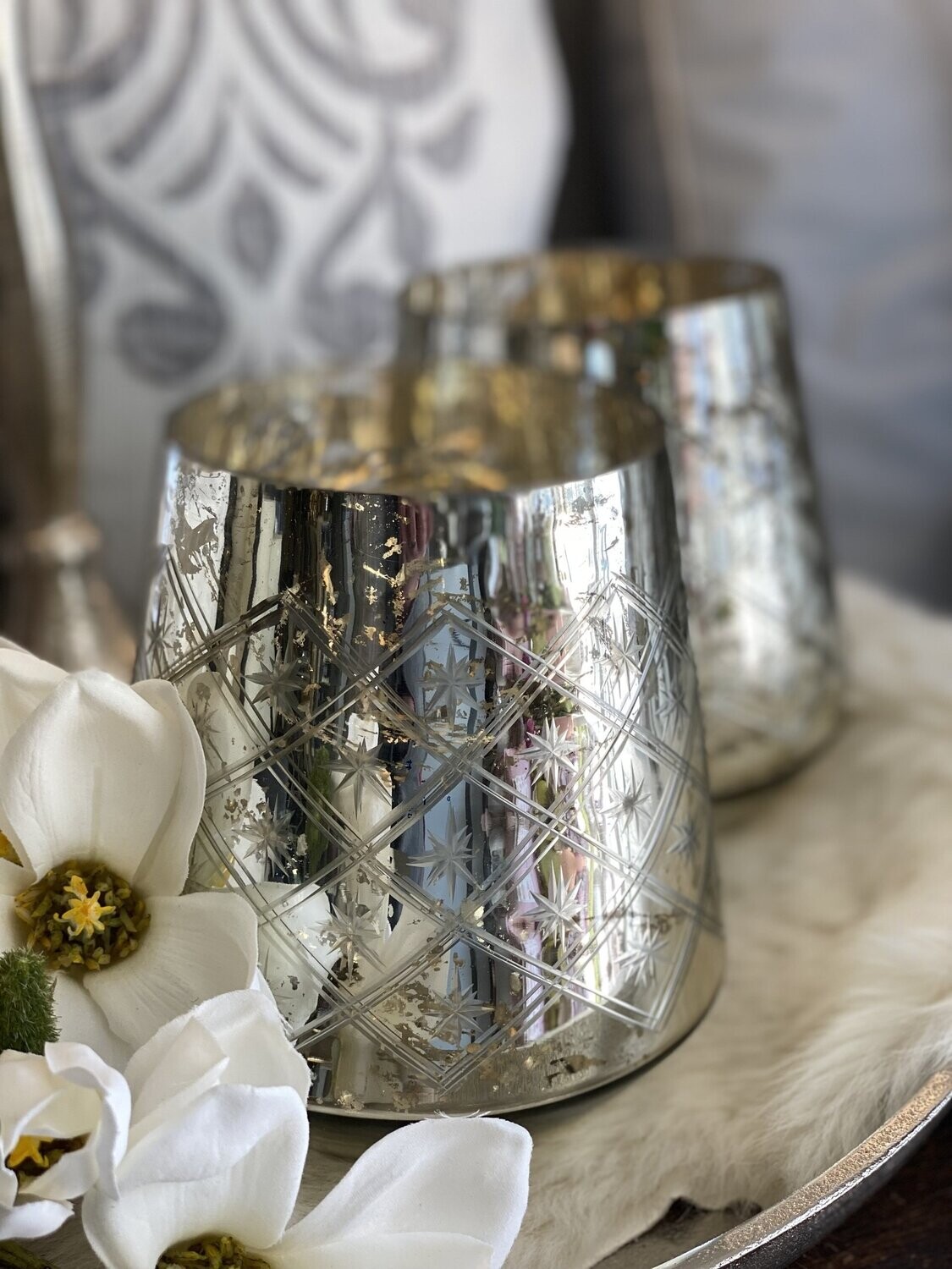 Teelicht Nostalgie, mit Schliff,  silber, groß