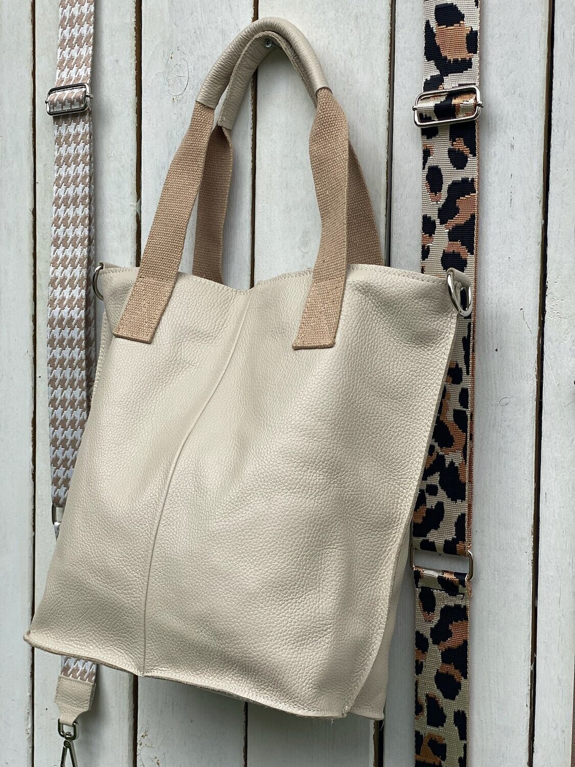 Leder-Shopper, mit Jute/Leder Griff und festem Jute Verlängerungsriemen,  creme