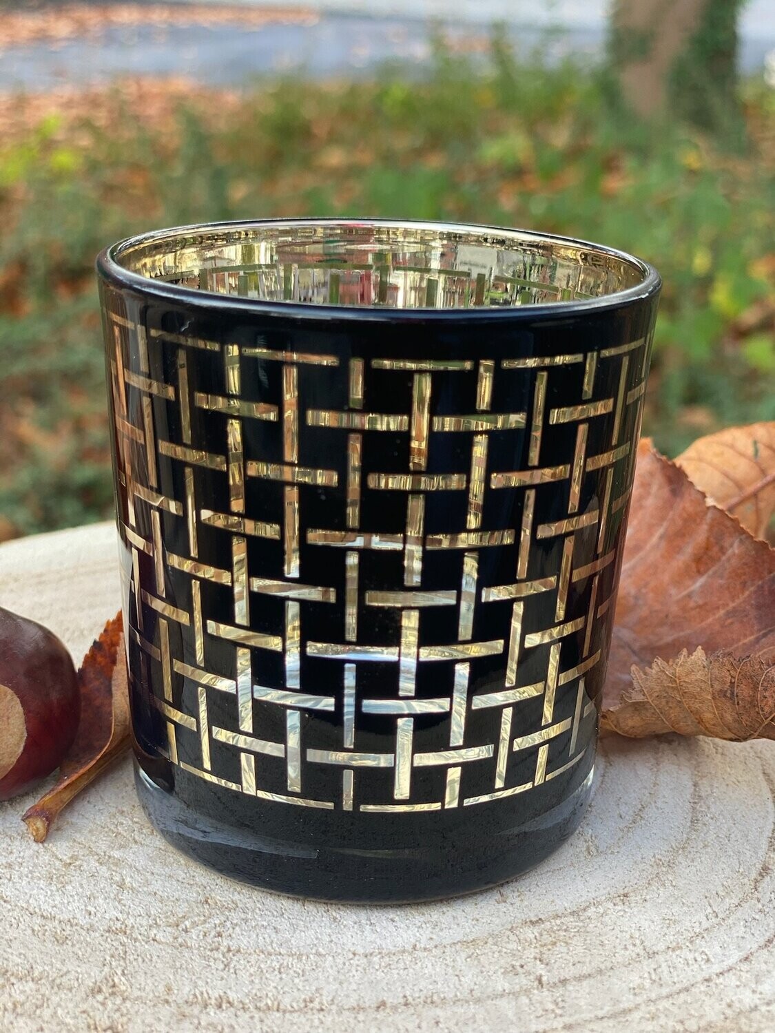 Glas-Teelicht, klein, schwarz/gold