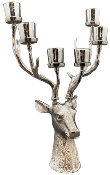 Hirsch Kerzenhalter, silber mit 6 Teelichtgläsern 28x28x58,5cm